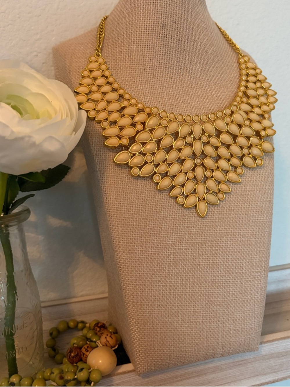 Amrita Singh Gold and Cream Layered Teardrop Bib Necklace